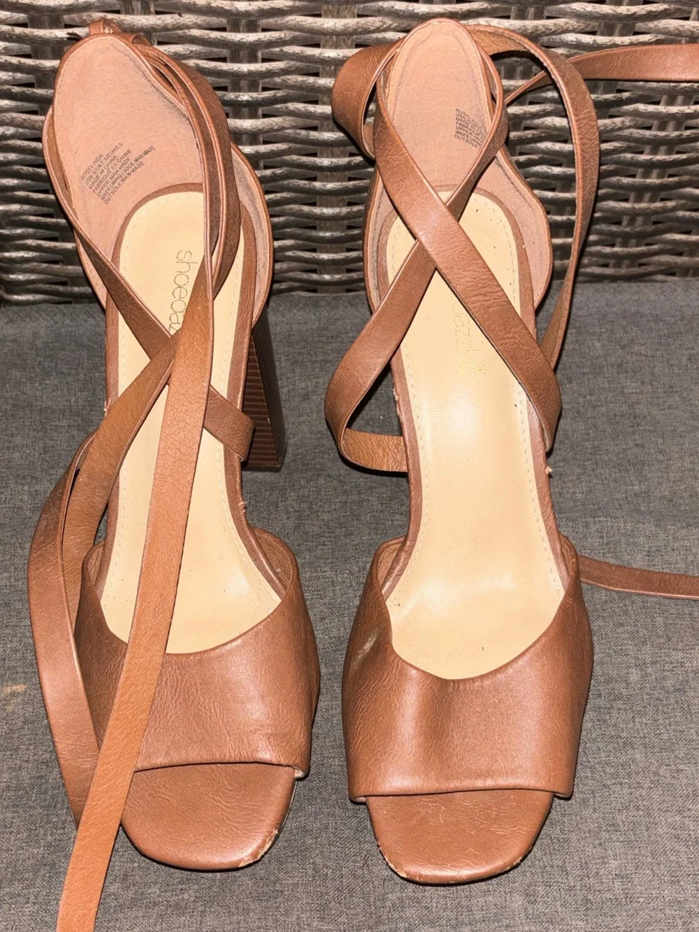 Shoe Dazzle Brown Strappy Platform Heels with Wraparound Ankle Tie